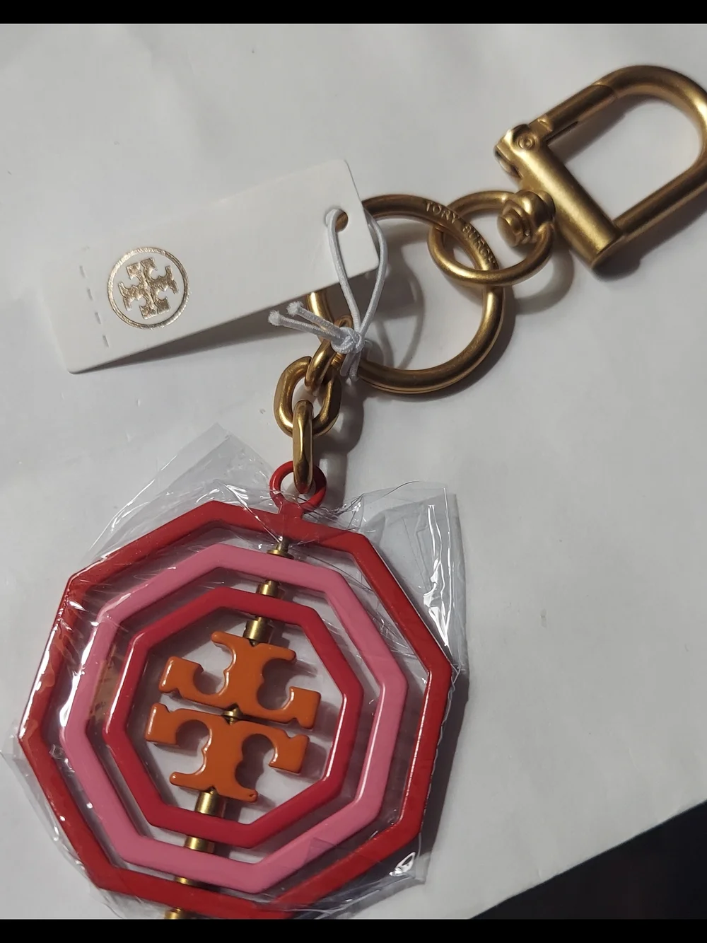 Tory Burch Red And Pink Enamel Octagon Key Fob